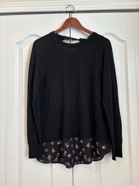 LOFT Black Crewneck Sweater with Floral Hem medium
